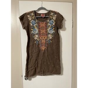 JOHNNY WAS Brown Embroidered Tunic Dress XS Boho Floral Geometric Linen READ